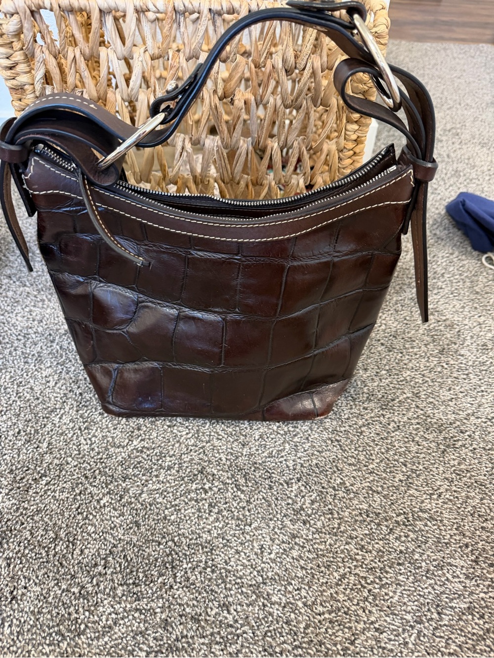 Dooney & Bourke Brown Croc-Embossed Leather Hobo Bag - Picture 2 of 3